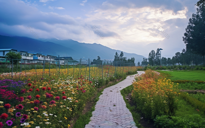 天空下花海的鲜花道路美丽风景背景图,高清,摄影图,摄影图片,图片大全,摄影图免费下载